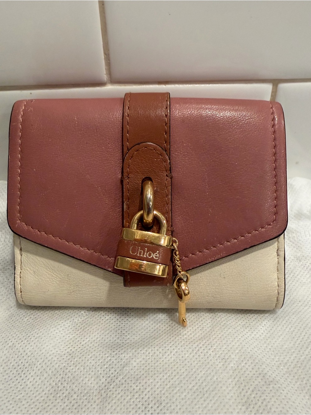 Chloé Tricolor Leather Wallet in Mauve, Cream & Brown with Gold Hardware